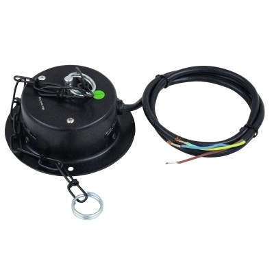 Dispositivo preto redondo com cabos coloridos e ganchos metálicos