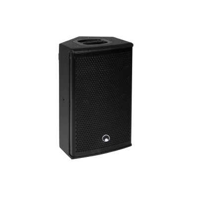 Coluna electroacústica preta com grelha metálica