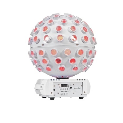 Dispositivo luminotécnico esférico com lentes coloridas montado numa base branca