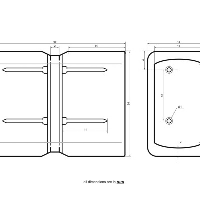 Desenho técnico de ficheiro de argolas com dimensões