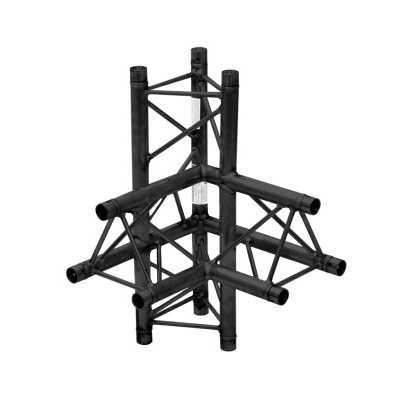 Estrutura metálica preta com tubos e ligações triangulares.
