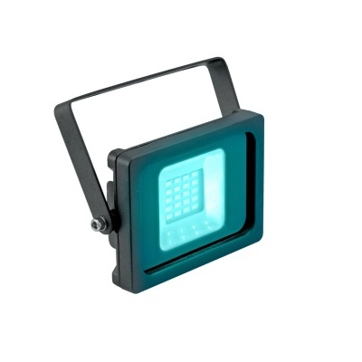 Projetor LED quadrado preto com luz azul e suporte regulável