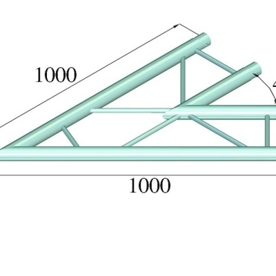 Estrutura triangular metálica verde clara com dimensões e ângulo indicados.