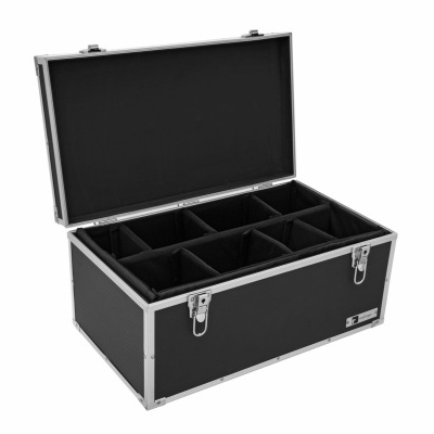 Estojo preto com tampa aberta e oito compartimentos internos