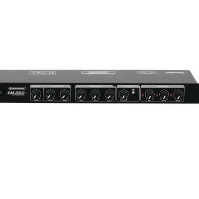 Amplificador de áudio preto tipo rack com botões rotativos