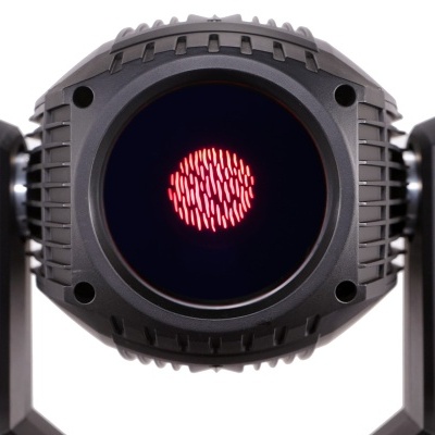 Projetor de iluminação preto com luz vermelha circular no centro