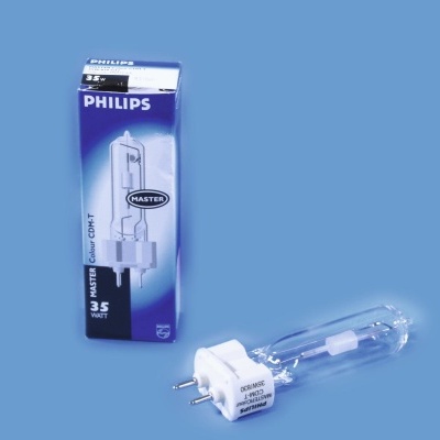 Lâmpada Philips Master Clear Light 35W com embalagem azul e branca sobre fundo azul