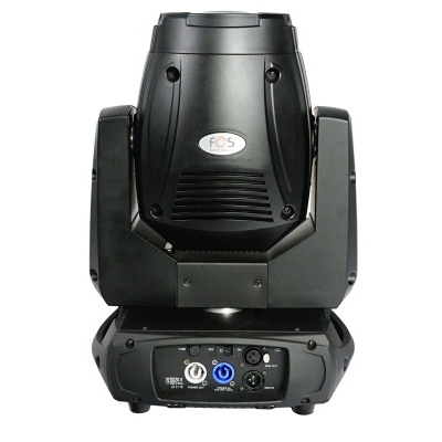 Luz de palco móvel preta com painel de controlo e texto FOS.