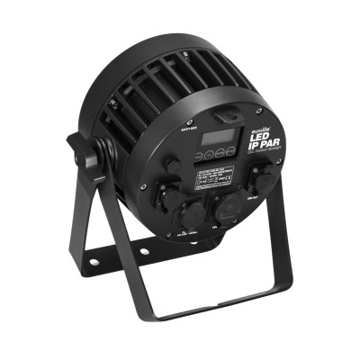 Luz de palco LED PAR preta com suporte e painel traseiro com botões.