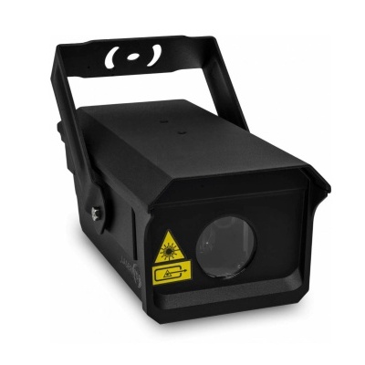 Projetor compacto preto com alça e etiqueta de perigo amarela