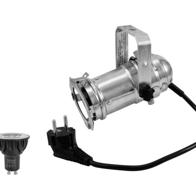 Refletor metálico com suporte e lâmpada LED GU10 preta em fundo branco