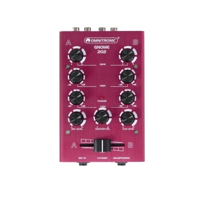 Mesa de mistura OMNITRONIC GNOME 202 vinho com botões pretos e texto branco