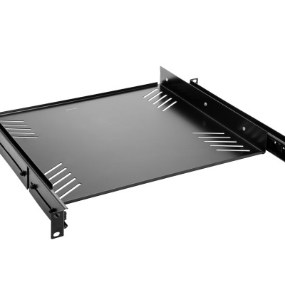 Prateleira metálica preta com suporte e corrediças para rack