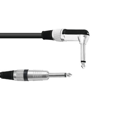 Cabo de áudio preto com fichas metálicas, uma reta e outra em ângulo