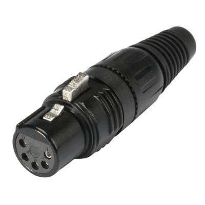 Conector XLR de 5 pinos preto com acabamento em plástico e metal