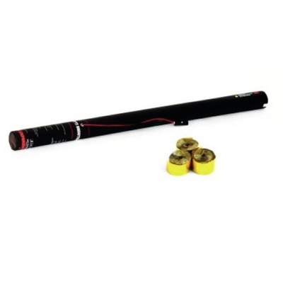 Caneta preta com detalhes vermelhos e brancos ao lado de três cápsulas douradas com base amarela