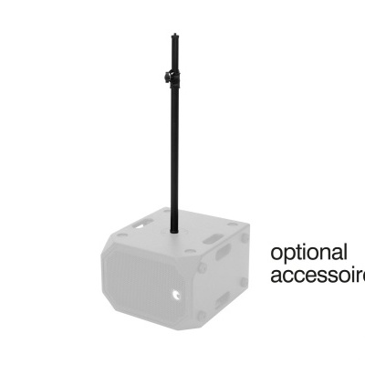 Coluna acústica com suporte vertical em caixa branca e texto 