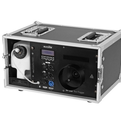 Máquina de névoa preta e prateada com texto eurolite no painel frontal