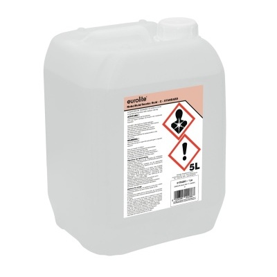 Recipiente plástico branco translúcido de 5 litros com etiqueta Eurolite e símbolos de perigo.