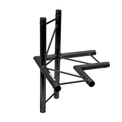 Suporte de parede de metal preto com estrutura tubular e reforços triangulares