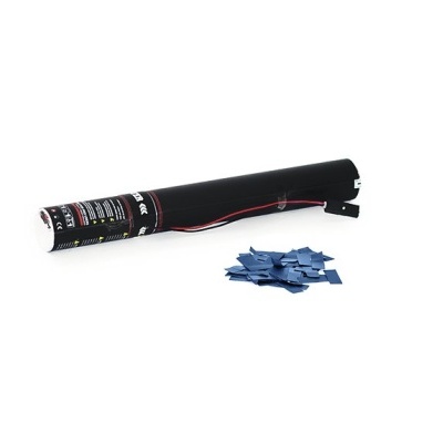 Confeteira preta cilíndrica com confetes quadrados azuis