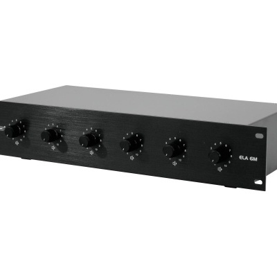 Aparelho áudio profissional preto com seis botões rotativos