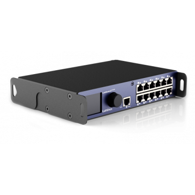 Comutador de rede Lumina preto e azul com portas Ethernet