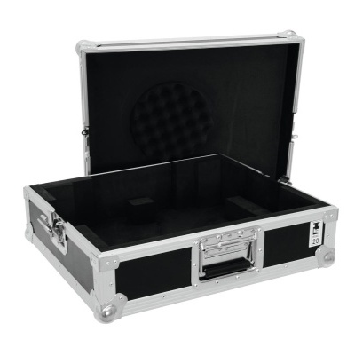 Mala preta com armação metálica prateada e interior acolchoado