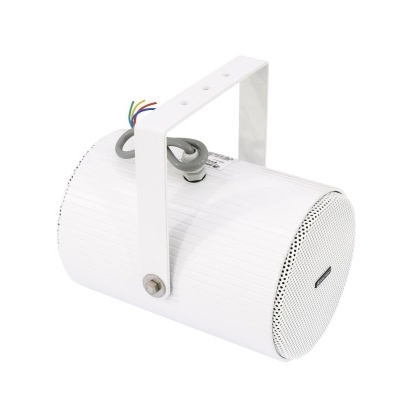 Coluna de som branca cilíndrica com suporte metálico branco