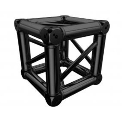 Estrutura cúbica preta com tubos e reforços cruzados