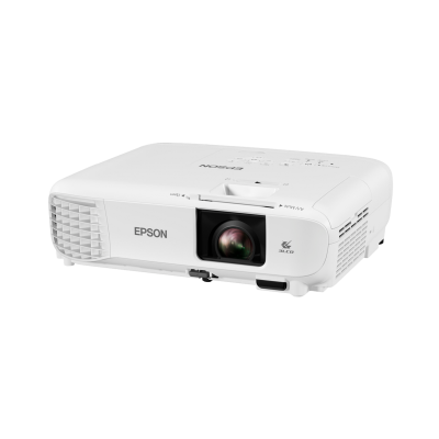 Projetor branco Epson com lente preta e botões no topo