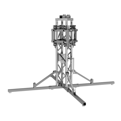 Suporte metálico prateado com pernas cruzadas e topo ajustável