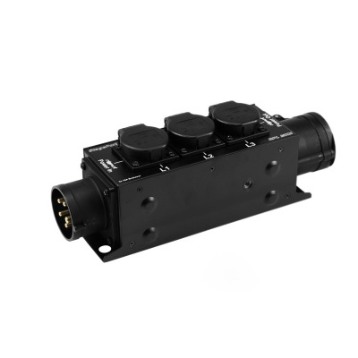 Multiplicador elétrico preto com três tomadas e conectores circulares, com texto branco