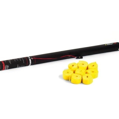 Tubo preto com texto e sete pequenos cilindros amarelos sobre fundo branco