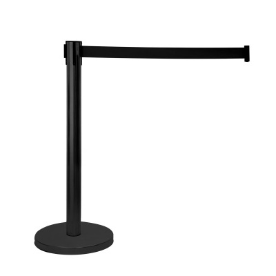 Barreira de fila preta com cinta extensível e base redonda