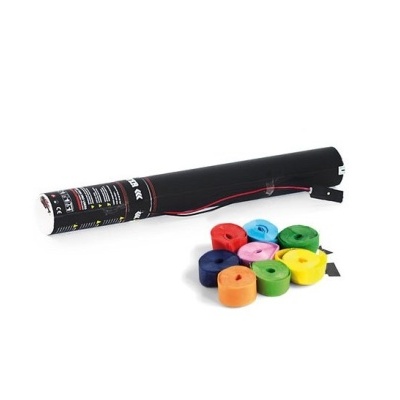 tubo preto com texto e oito rolos coloridos de fita adesiva