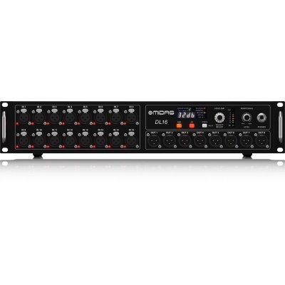 Interface de áudio Midas DL16 preta com múltiplas entradas e display digital.