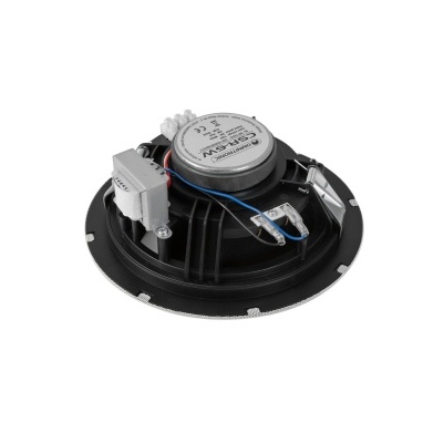 Coluna de som com íman metálico e fios visíveis, fundo branco