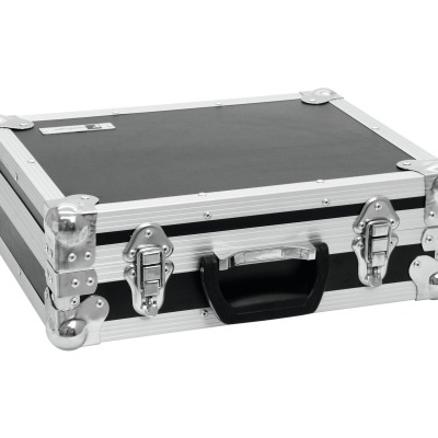 Mala rígida preta com bordas metálicas e pega preta