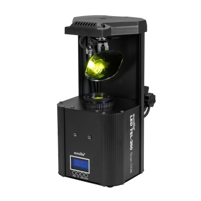 Luz de palco preta com luz verde acesa e visor digital azul