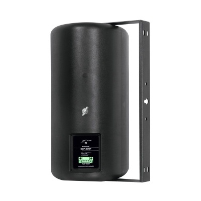 Coluna altifalante preta cilíndrica com suporte metálico