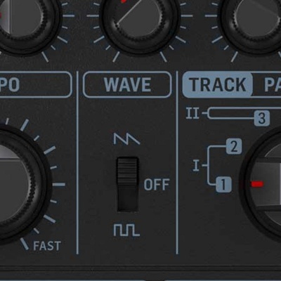 Painel de equipamento de áudio preto com botões giratórios e interruptor de seleção de onda