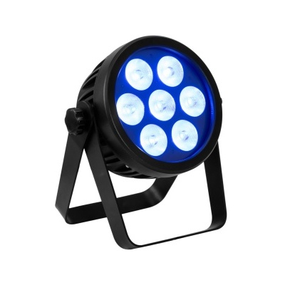 Projetor de luz LED azul com estrutura metálica preta