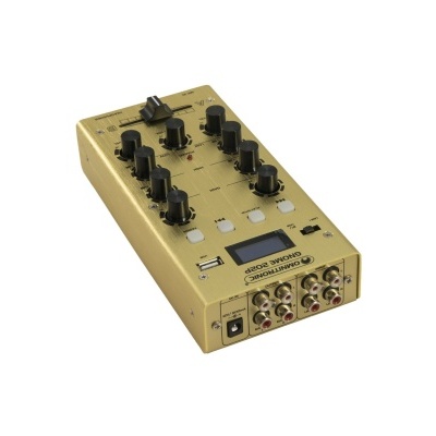 Mesa de mistura dourada com botões e entradas RCA