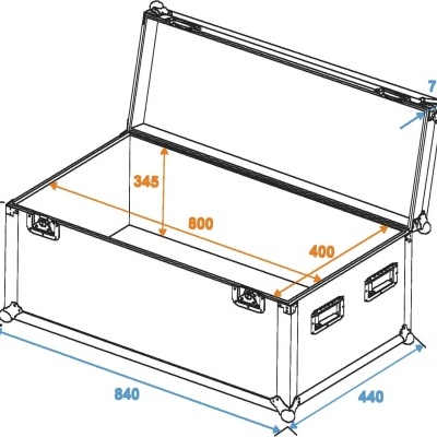 Esquema técnico de um baú com dimensões em milímetros e tampa aberta