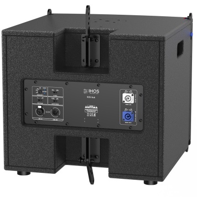 Subwoofer negro com painel traseiro e suportes metálicos