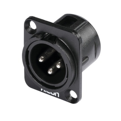 Conector XLR de 3 pinos preto com marcação parcial 'neun'