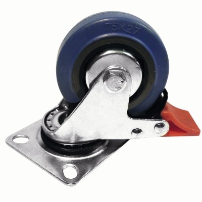 Roda giratória azul com base metálica e travão vermelho