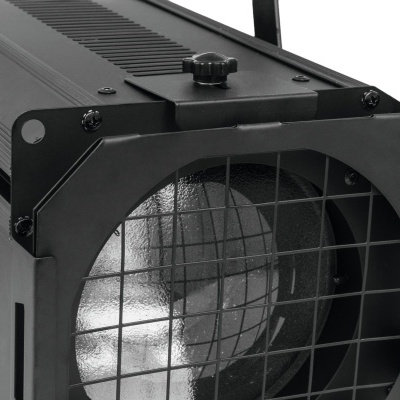 Projetor de luz preto com grade frontal e parafuso de ajuste