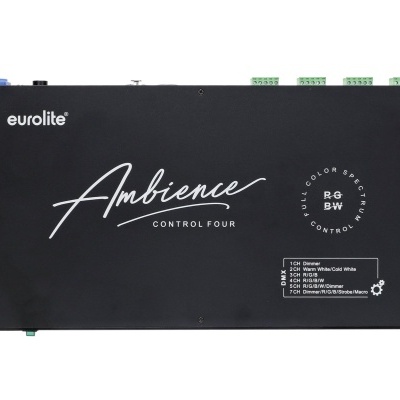 Controlador Eurolite Ambience Control Four preto com texto branco e conexões verdes.